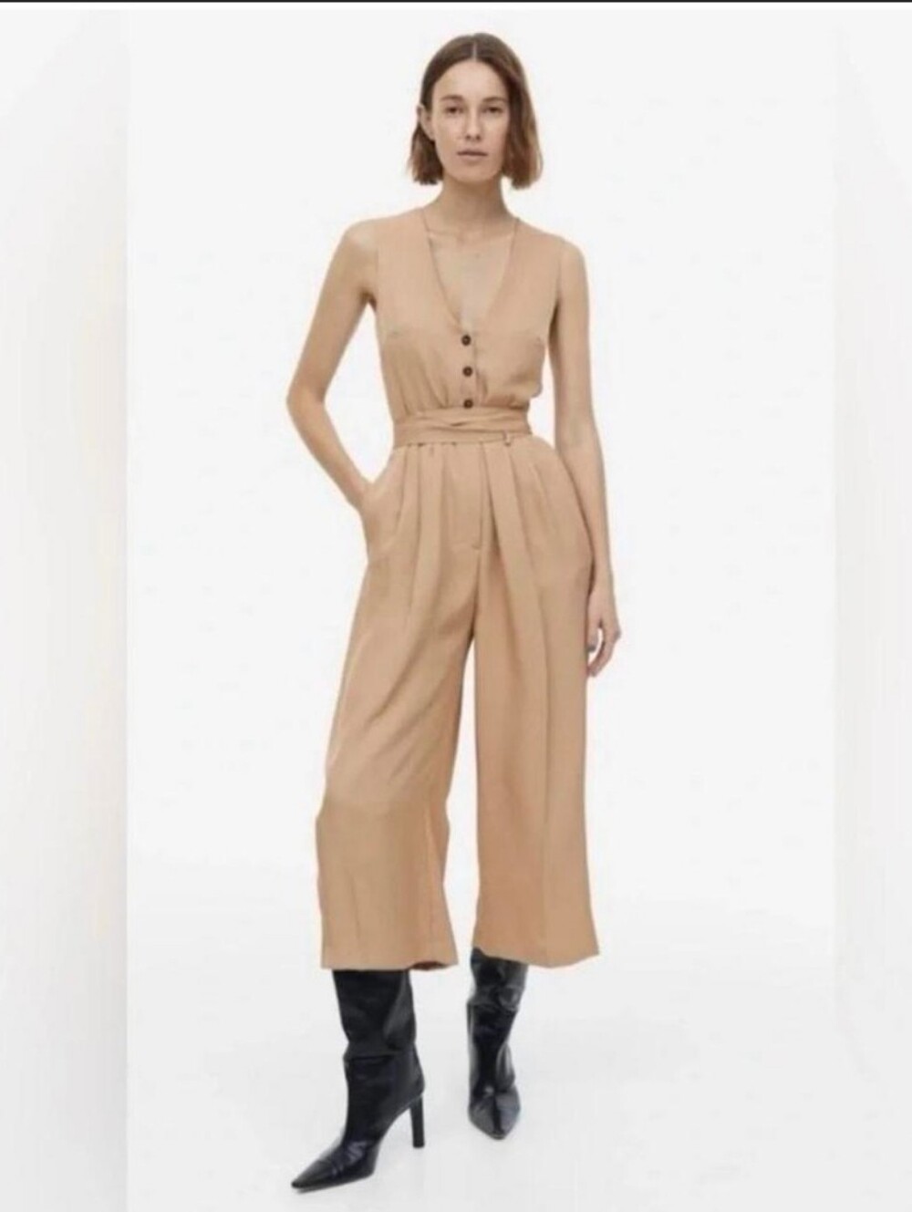 Sleeveless Wide-Leg Cropped Belted Jumpsuit in Camel Size Medium Contemporary